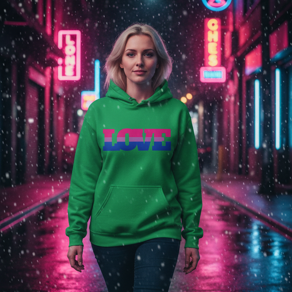 Front-facing model in a green hoodie with pink-and-blue LOVE lettering, walking in a snowy neon-lit street