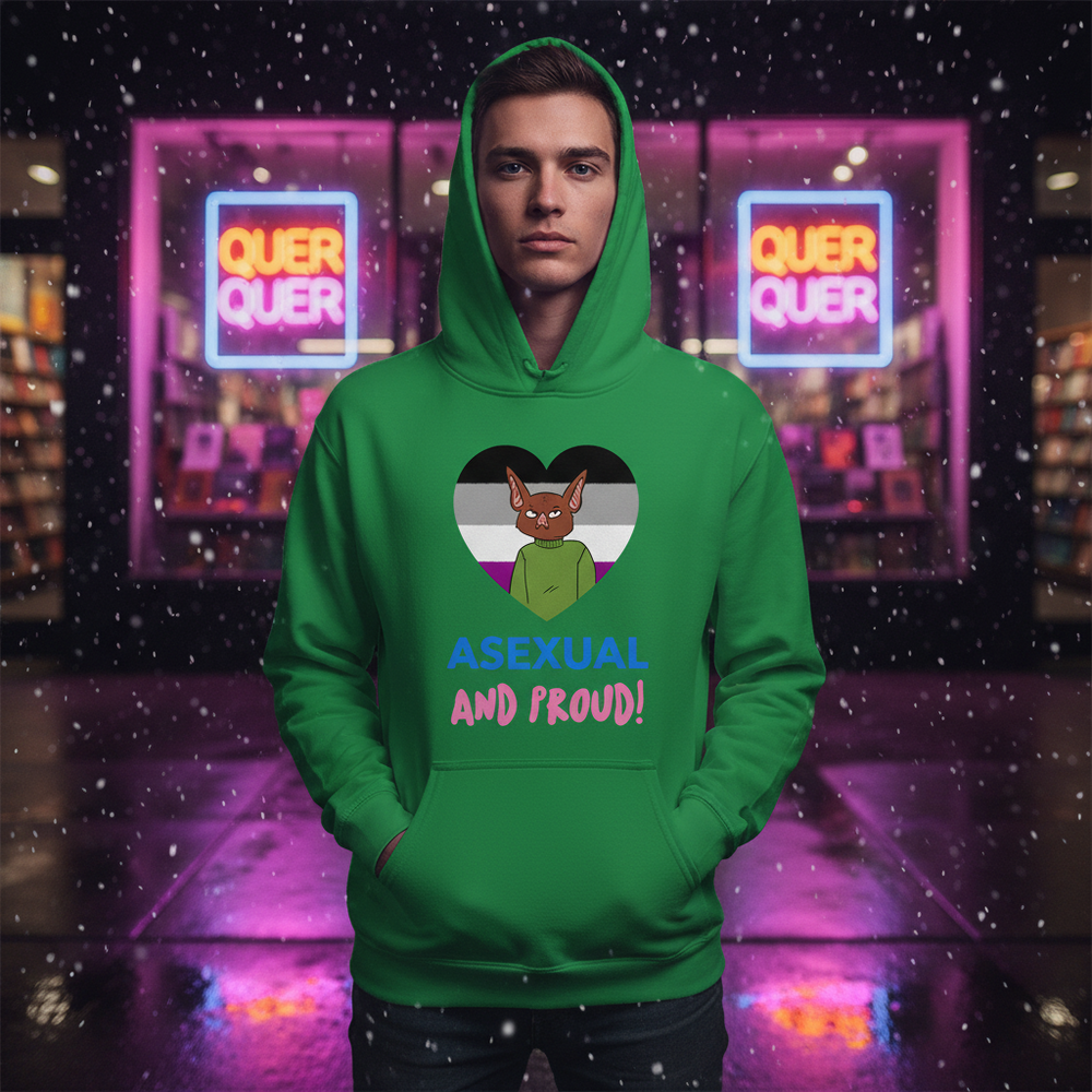 Model wearing a green hoodie reading “ASEXUAL AND PROUD!” in falling snow