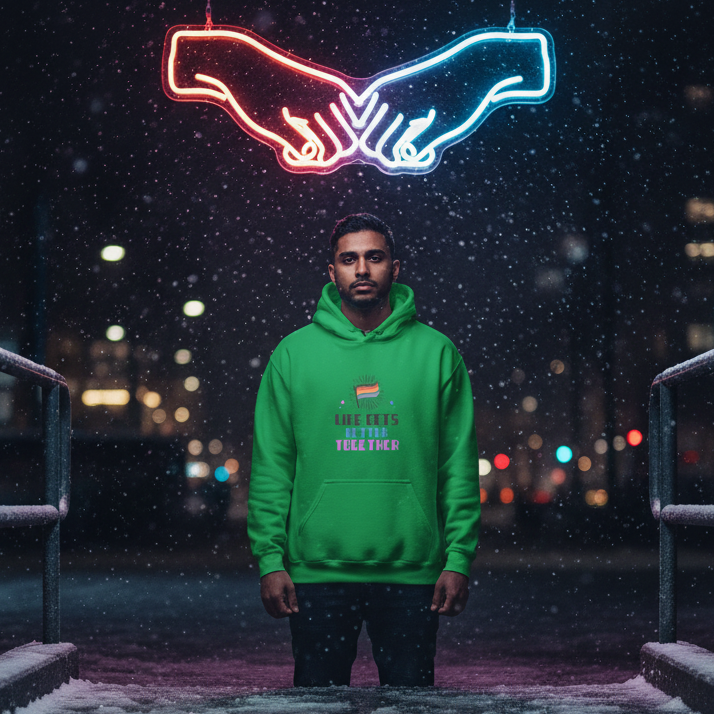 Person wearing a green “Life Gets Better Together” hoodie on a snowy city bridge