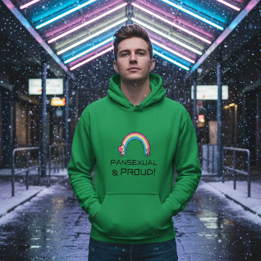 Model wearing a green hoodie reading “PANSEXUAL & PROUD!” beneath a rainbow cat graphic