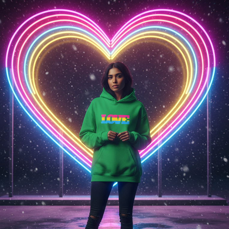 A young person stands in light snow, wearing the Pansexual Love Unisex Hoodie with LOVE in multicolored letters, in front of a glowing neon heart sculpture, embodying queer pride and self-expression.