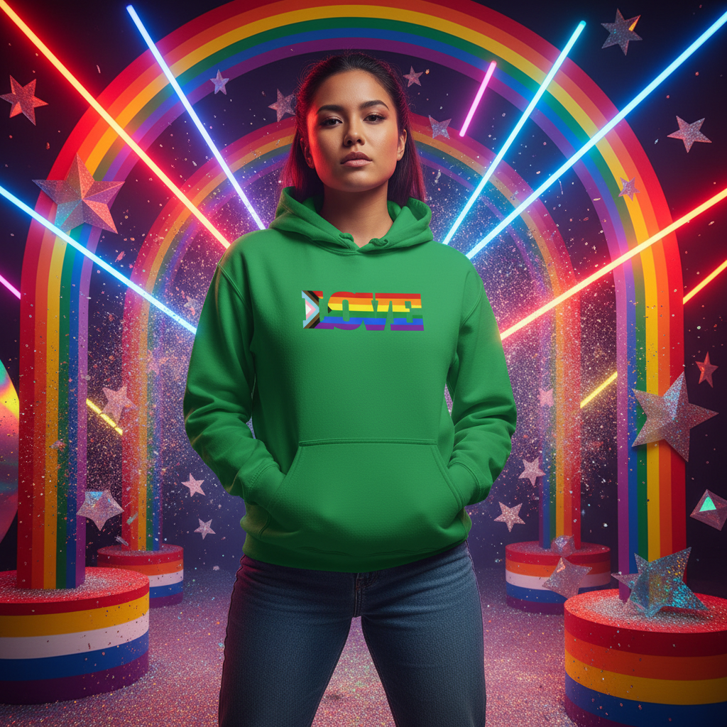 Person proudly wearing the Progress LGBT Love Unisex Hoodie, featuring LOVE in rainbow colors, stands against a vibrant Pride backdrop, embodying empowerment and joyful self-expression in Queer In The World fashion.