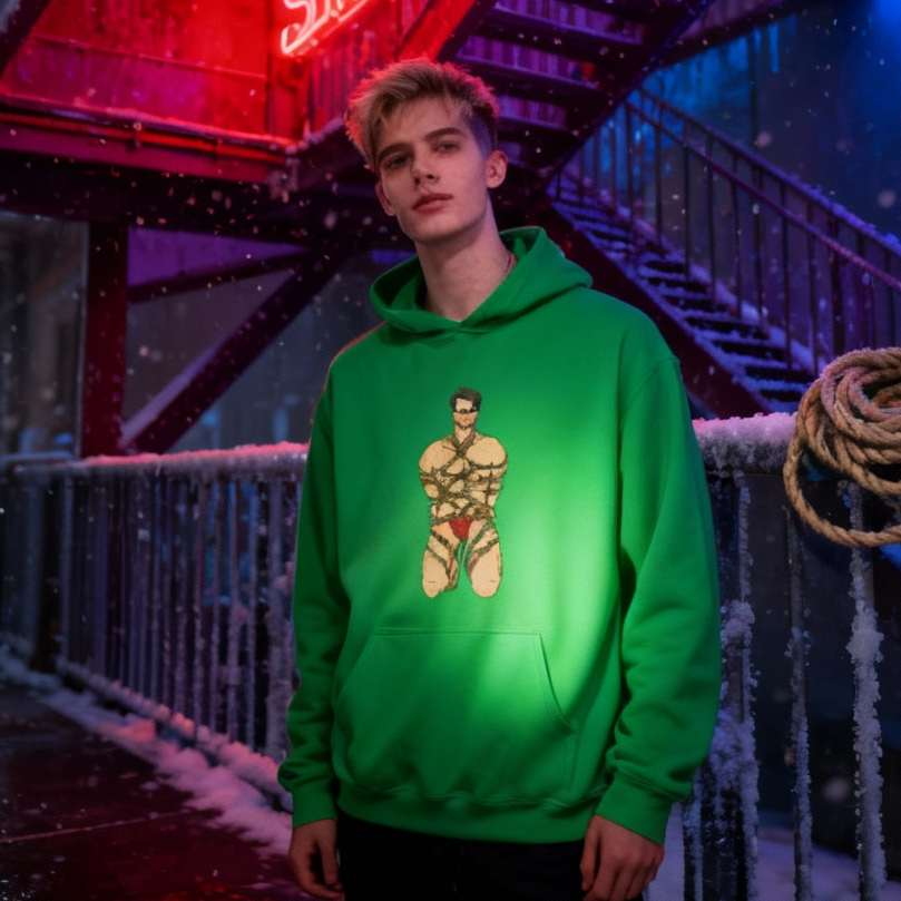 Young man stands in snowfall, wearing the Shibari Unisex Hoodie featuring a cartoon muscular figure. This vibrant, soft hoodie embodies queer pride, self-expression, and comfort from Queer In The World: The Shop.