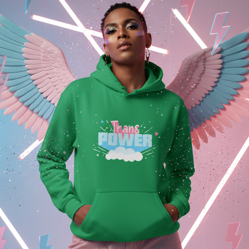 Model wearing the Stand Proud Trans Power Unisex Hoodie, featuring a Trans Power slogan with a cloud graphic, set against a vibrant backdrop of neon-lit angel wings and lightning bolts, celebrating empowerment and pride.