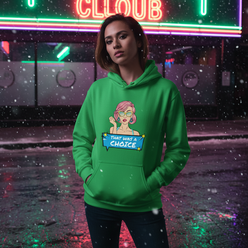 Young woman in snow wearing the That Was A Choice Unisex Hoodie, featuring a pop-art graphic. This cozy, green hoodie embodies queer pride, empowerment, and playful self-expression, perfect for any cool night adventure.