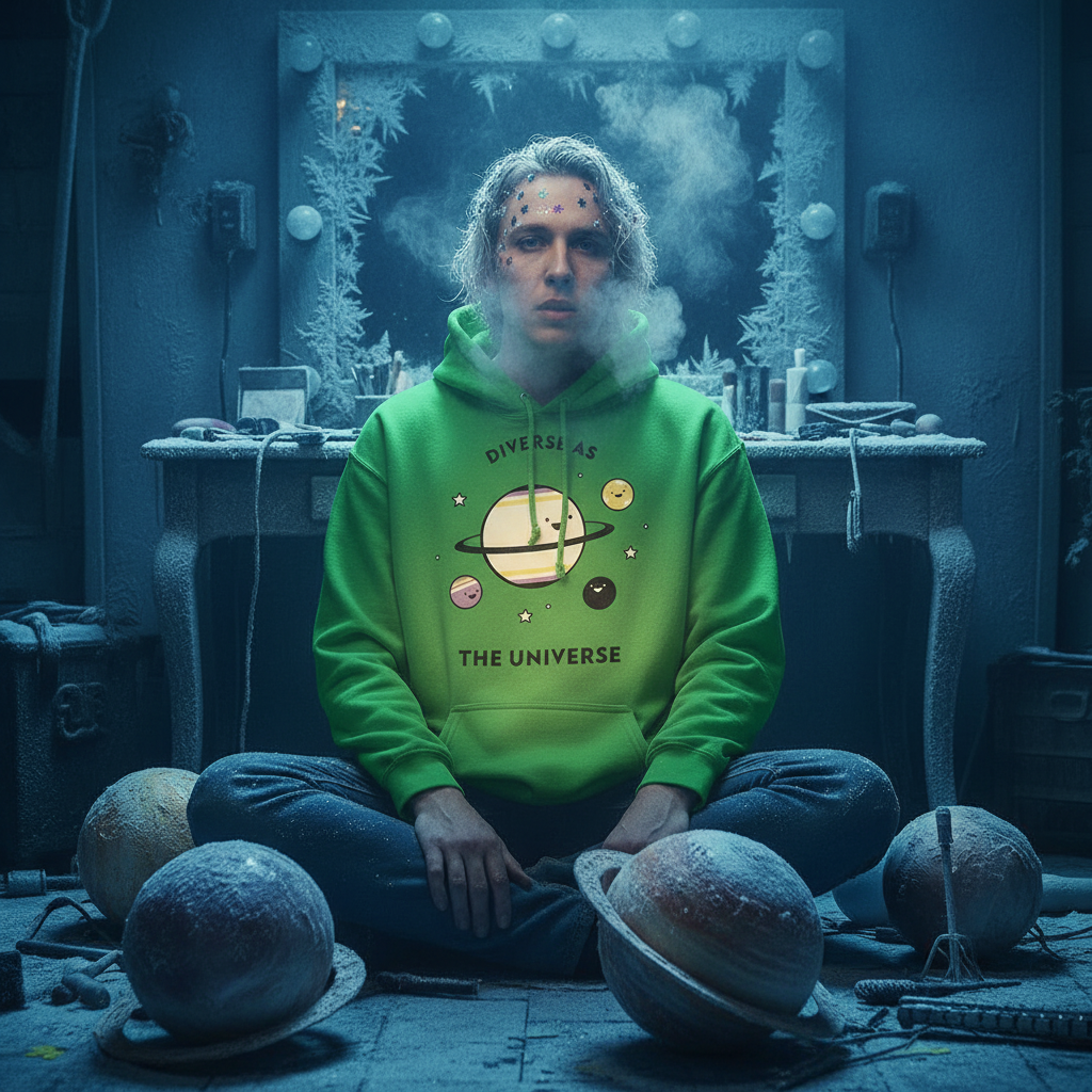 Person seated cross-legged wearing a bright green hoodie reading “DIVERSE AS THE UNIVERSE”
