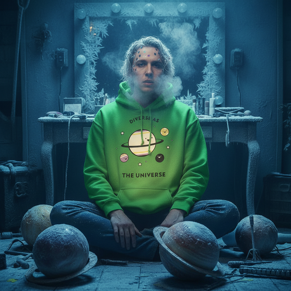 Person seated cross-legged wearing a bright green hoodie reading “DIVERSE AS THE UNIVERSE”