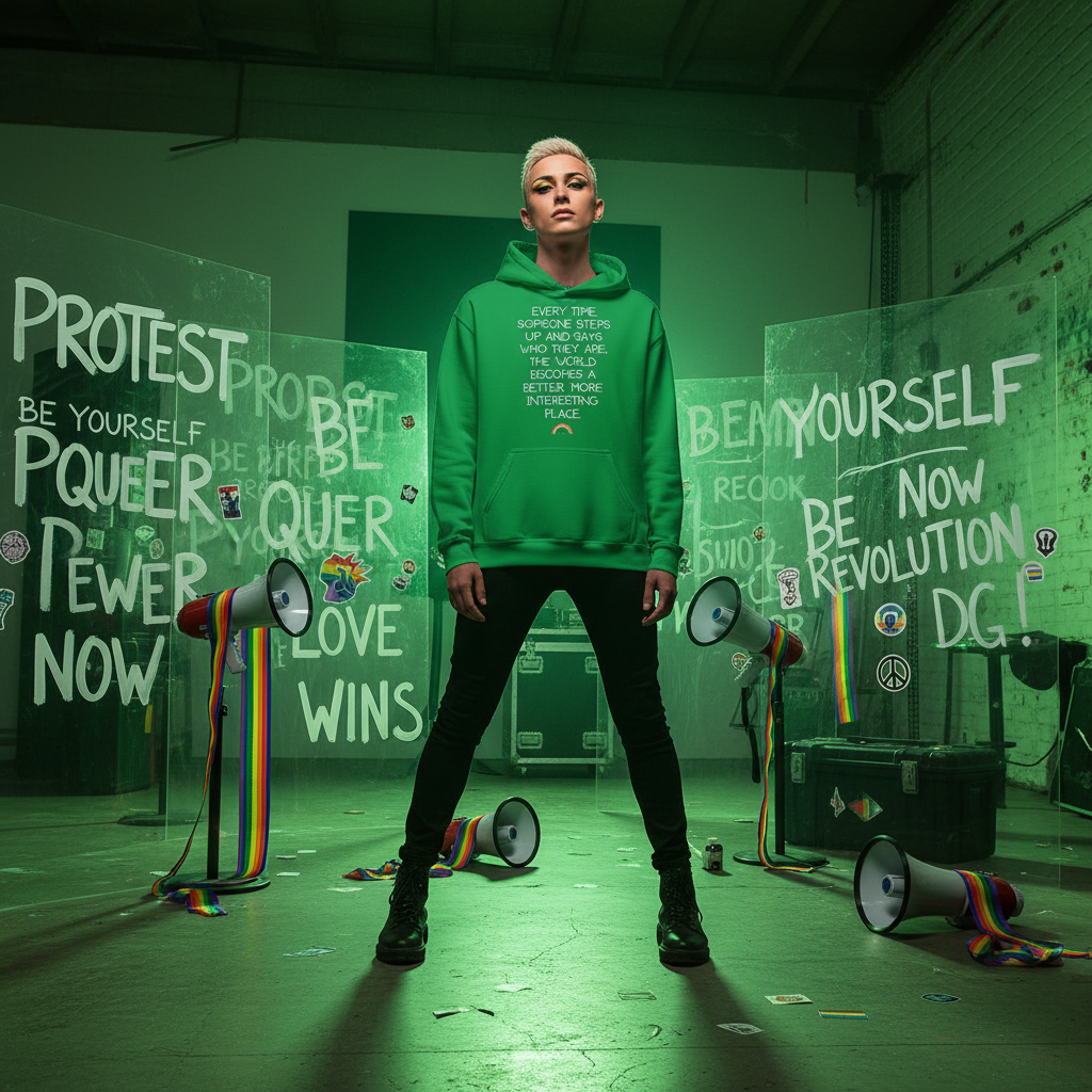 Individual wearing the Every Time Someone Stands Up Unisex Hoodie stands confidently in an industrial space, surrounded by LGBTQ+ protest elements, embodying pride, empowerment, and self-expression.