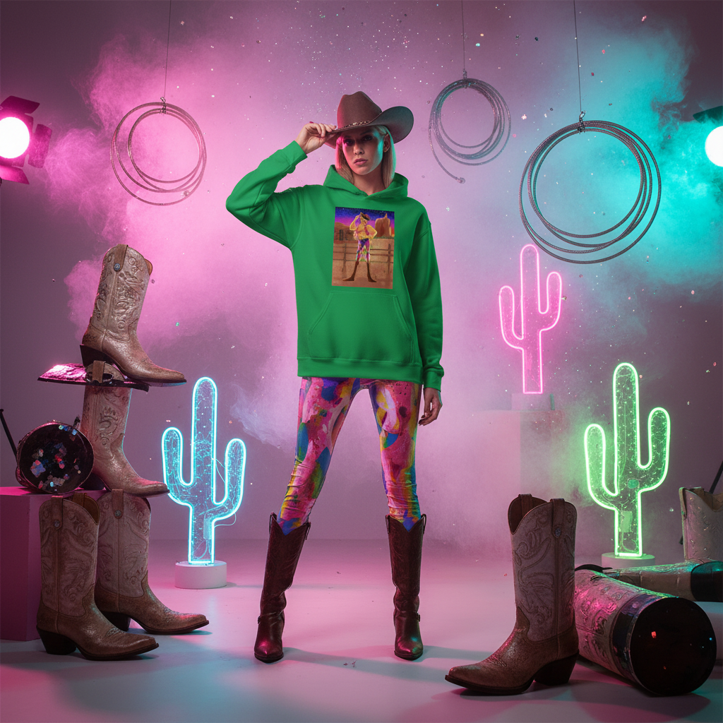 Model proudly wears the Gay Cowboy at Sunset Unisex Hoodie, featuring a unique chest graphic. Styled with vibrant leggings and cowboy boots, embodying queer energy and self-expression in a surreal Western-inspired scene.
