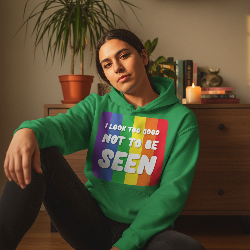 A young person in a cozy space wears the I Look Too Good Unisex Hoodie, featuring a rainbow-stripe graphic with a playful slogan, embodying queer pride and comfort for all identities.