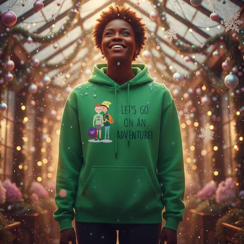 Person in a festive setting wearing the Let's Go on an Adventure Unisex Hoodie, featuring cartoon figures with backpacks. The hoodie embodies cozy, queer pride, inviting warmth, joy, and adventurous self-expression.