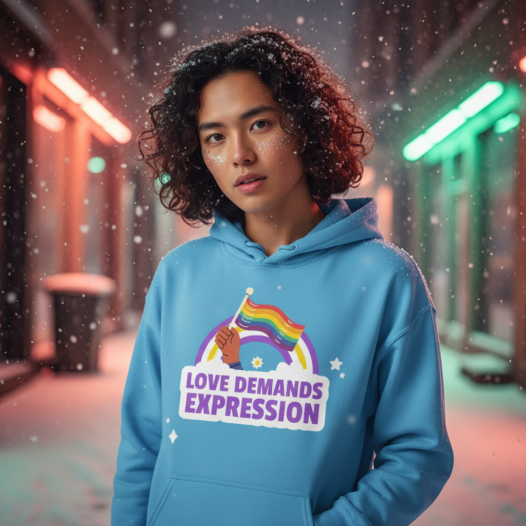 Young person outdoors wearing the Love Demands Expression Unisex Hoodie, featuring a rainbow and pride flag with the slogan. Snowflakes and blurred neon lights enhance the scene's vibrant, queer energy.