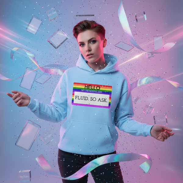 Light blue hoodie with rainbow-bordered “Hello, my pronouns are fluid. So ask.” graphic