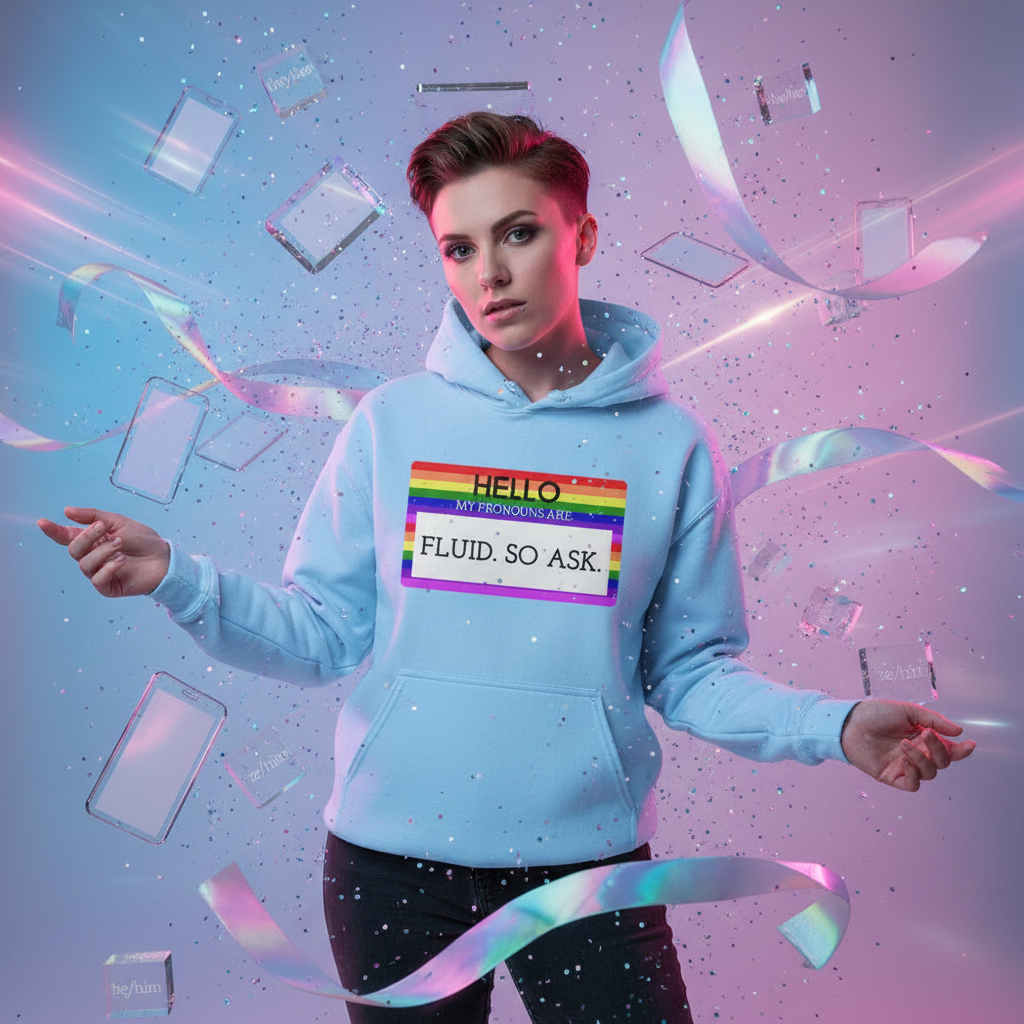 Person wearing the Hello My Pronouns Are Fluid. So Ask. Unisex Hoodie, surrounded by iridescent shapes in a dreamlike setting, celebrating LGBTQIA+ pride and self-expression with style and comfort.