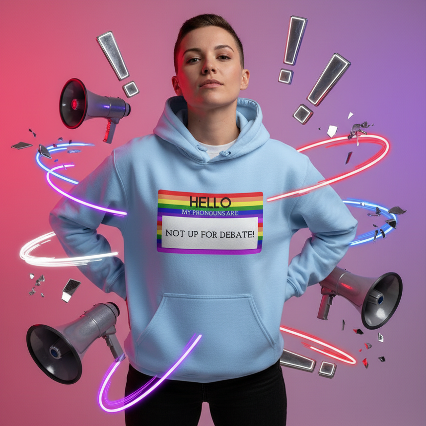 Light blue unisex hoodie with rainbow-bordered “Hello My Pronouns Are Not Up for Debate!” graphic