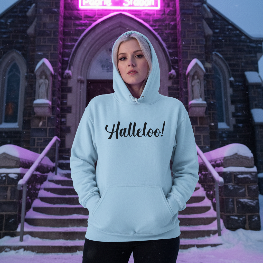 Front-facing model in a pale blue hoodie reading “Halleloo!” outside a snowy church