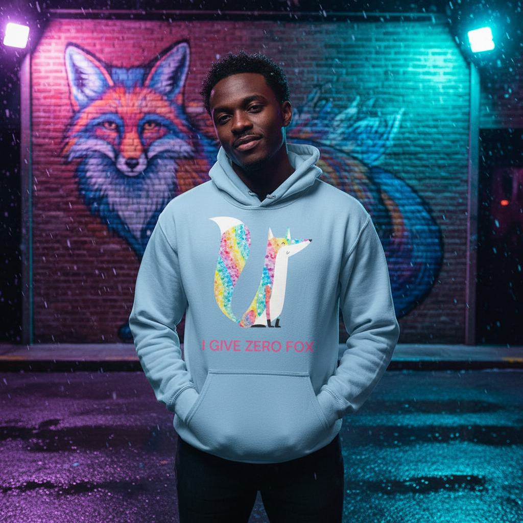 Front-facing person in a light blue hoodie with a colorful fox graphic and “I GIVE ZERO FOX” text