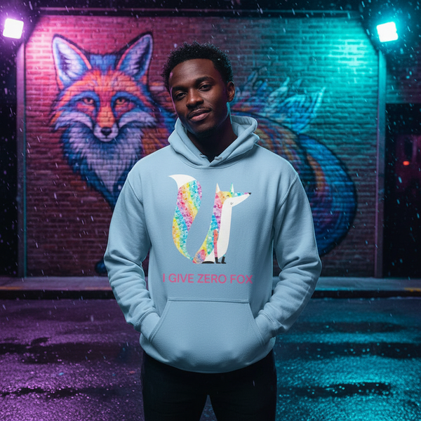 Front-facing person in a light blue hoodie with a colorful fox graphic and “I GIVE ZERO FOX” text