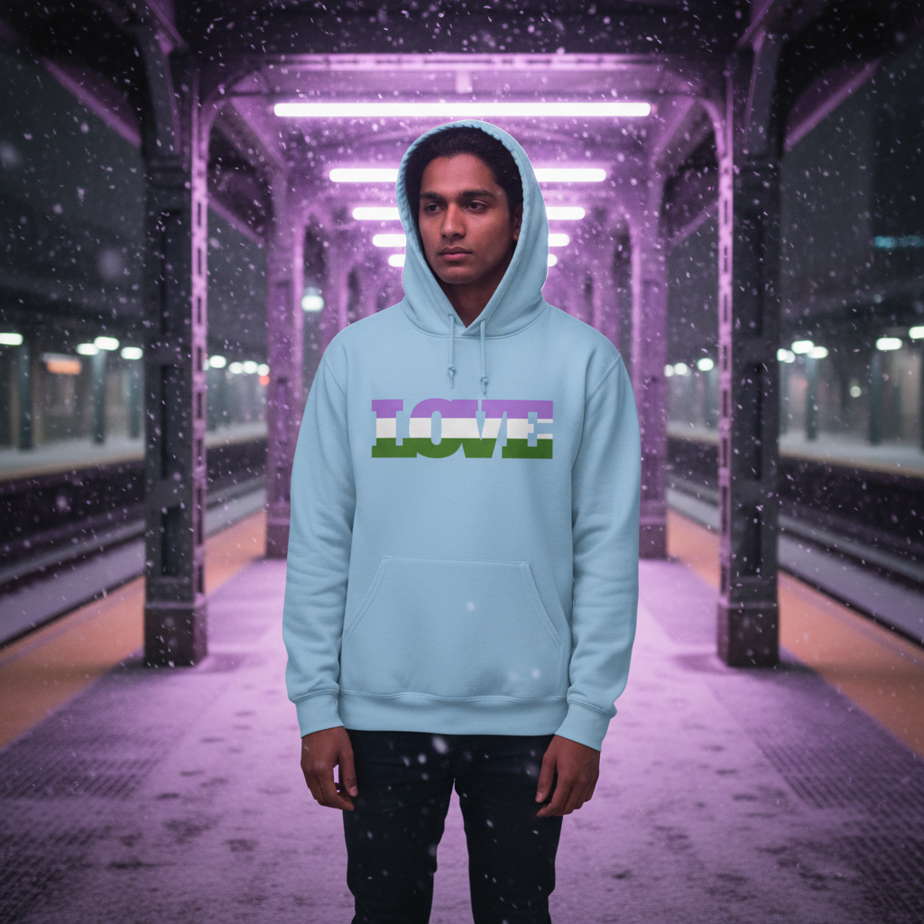 Young man on snowy train platform wears Genderqueer Love Unisex Hoodie with “LOVE” graphic, embodying pride and self-expression. The hoodie’s soft, cozy design shines under purple-tinted lights.