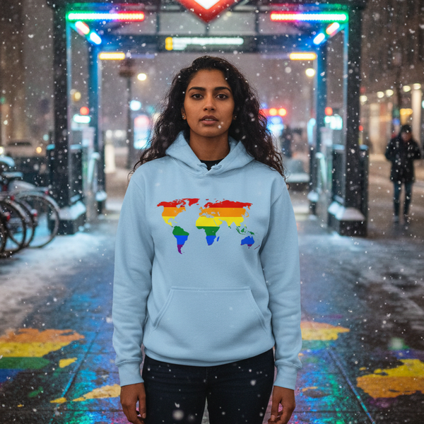 Front-facing model wearing a light blue hoodie with a rainbow world map graphic in falling snow