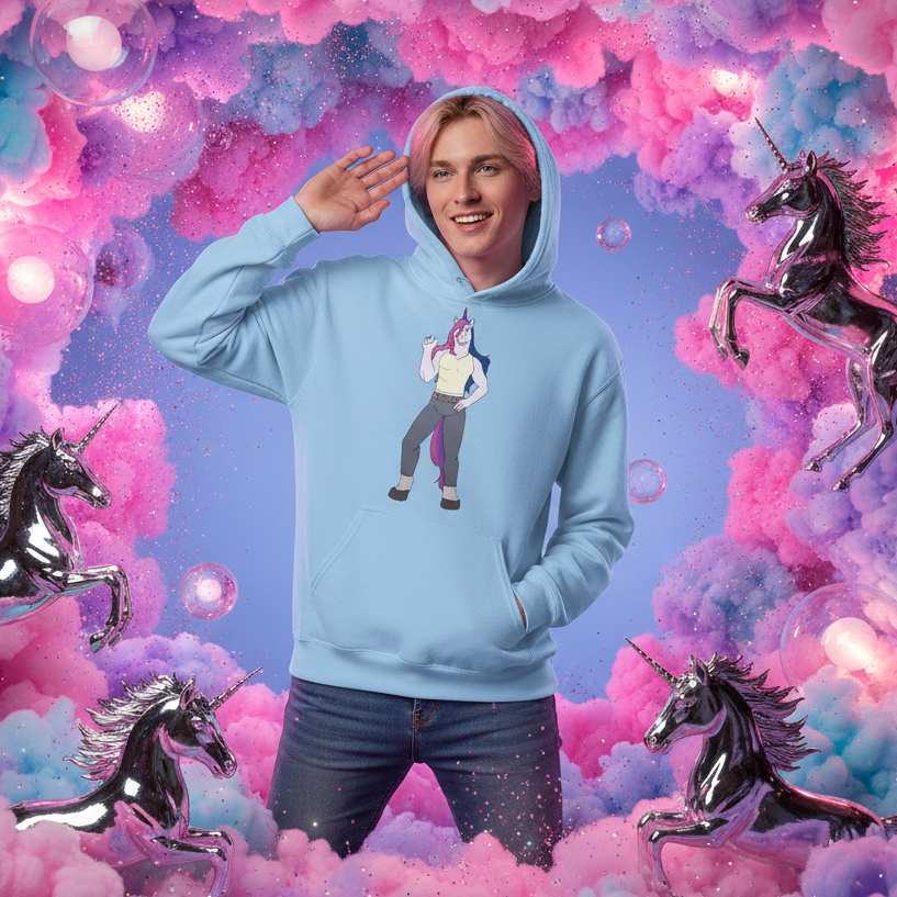 Model wearing a light blue unicorn-print hoodie against a pink and purple cloud backdrop