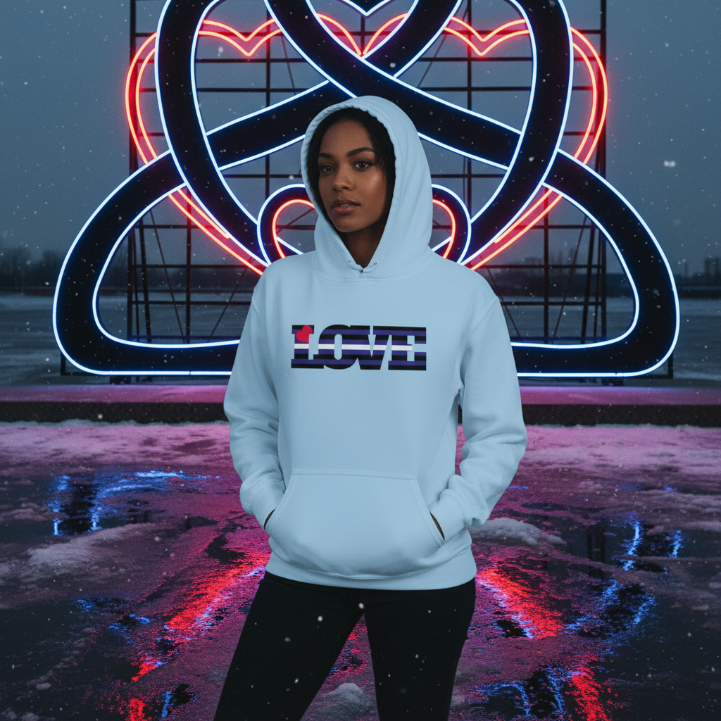 Young person outdoors wearing the Leather Pride Love Unisex Hoodie with LOVE in bold letters, standing before neon hearts, embodying empowerment and queer pride in a stylish, cozy, and inclusive design.