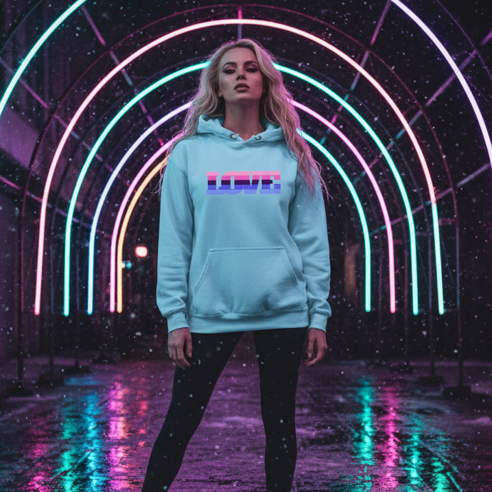 Young woman in a neon-lit passageway wearing the Omnisexual Love Unisex Hoodie. Pastel-blue with LOVE emblazoned, reflecting moody cyberpunk vibes, embodying pride and self-expression with LGBTQIA+ inclusivity.
