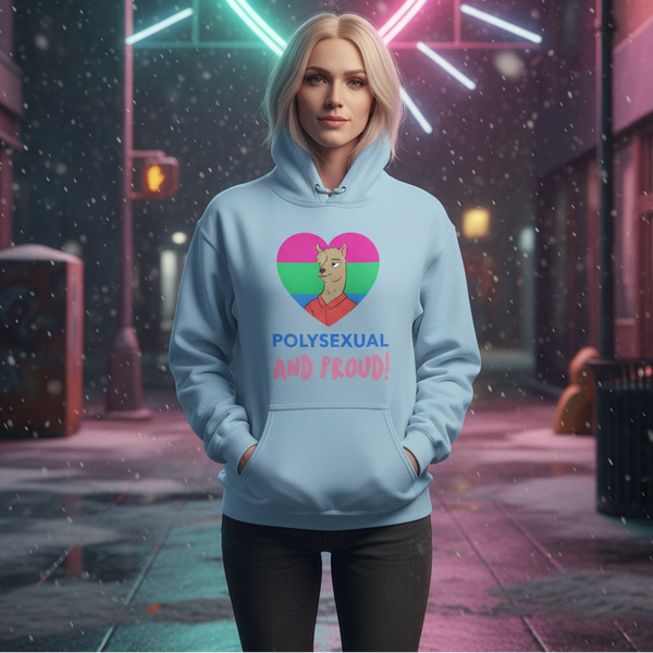 Person wearing a light blue hoodie with a heart graphic and “POLYSEXUAL AND PROUD!” text