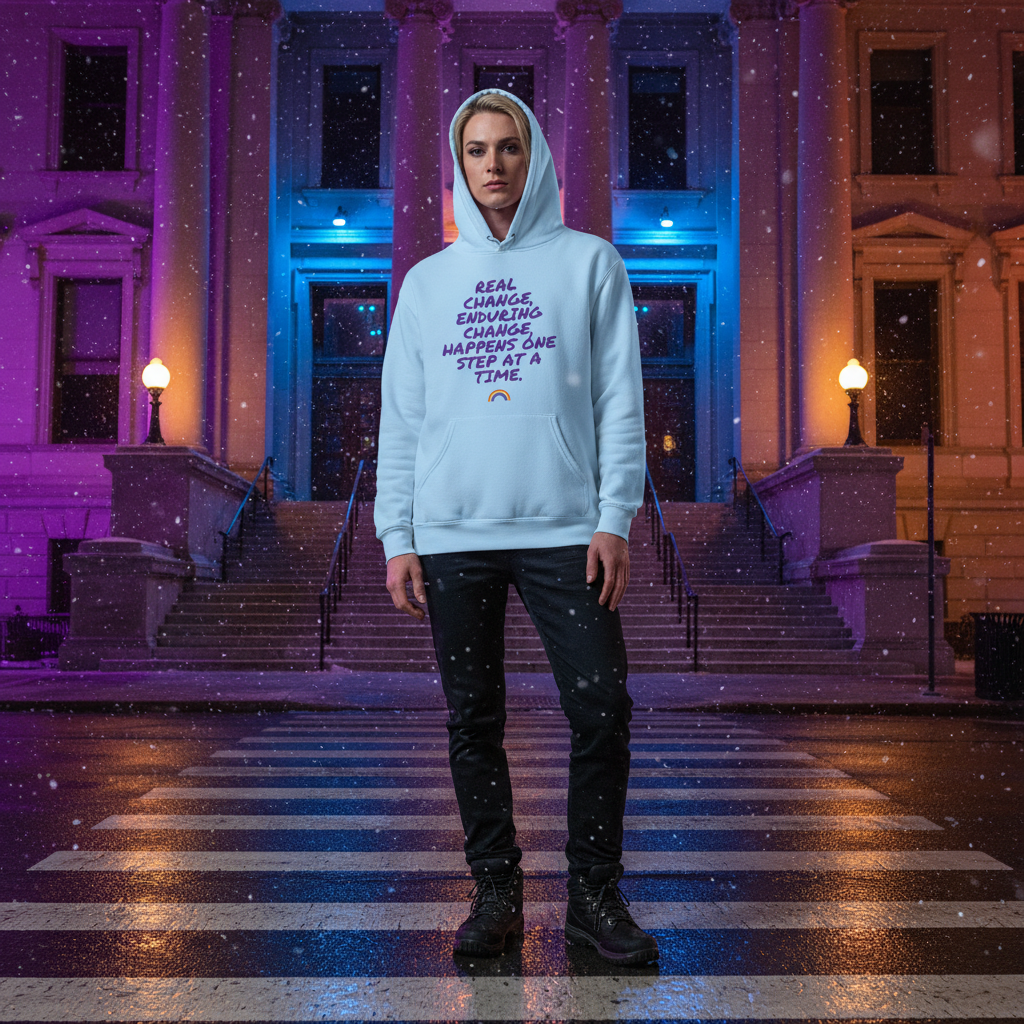 Person wearing the Real Change, Enduring Change Unisex Hoodie stands confidently on a night-lit crosswalk, embodying empowerment and pride with its inspiring slogan and rainbow graphic, symbolizing bold self-expression and queer visibility.