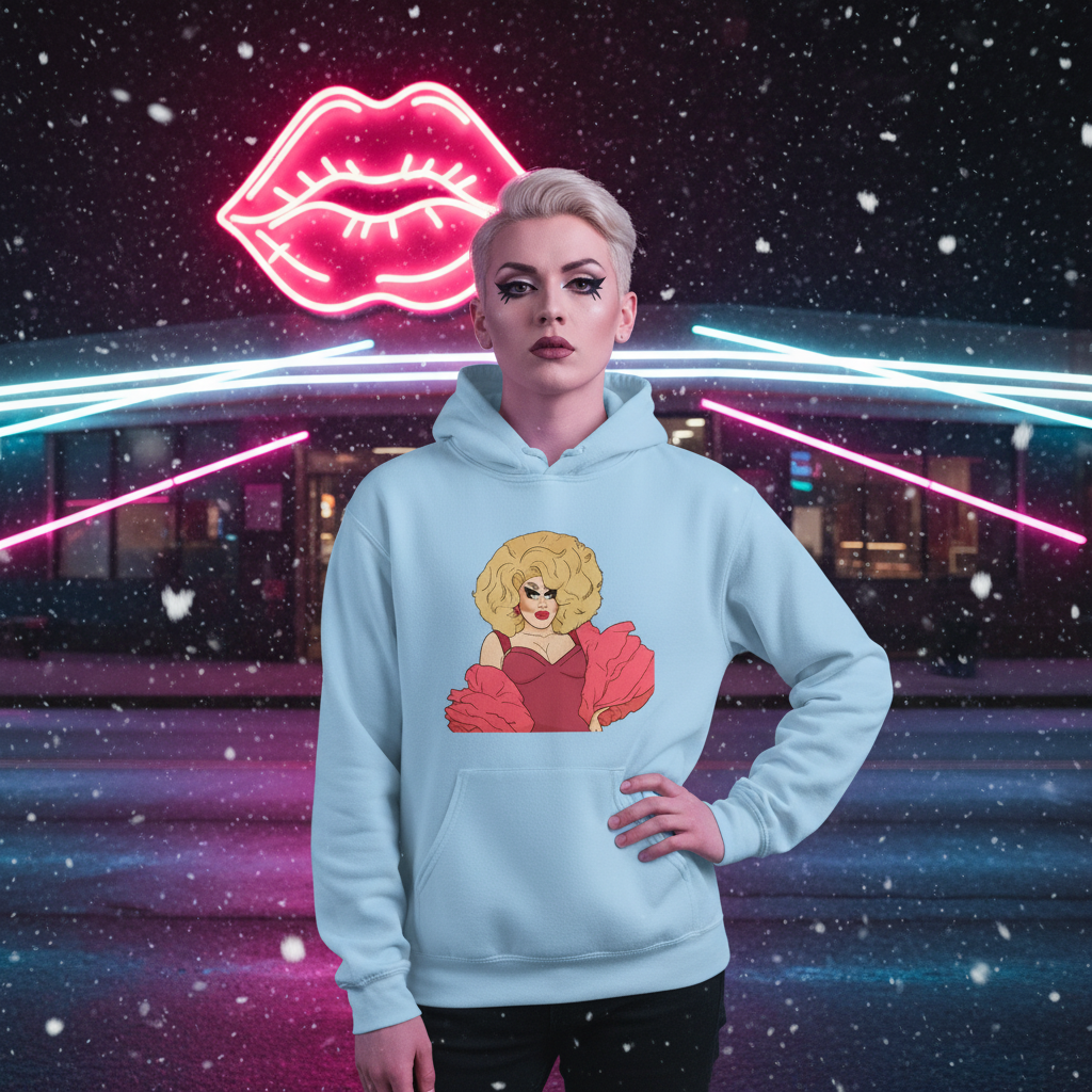 Sassy Trixie Mattel Unisex Hoodie features a vibrant drag-queen print, worn by a platinum-blonde person in theatrical makeup, embodying bold self-expression and queer pride under atmospheric neon lights.