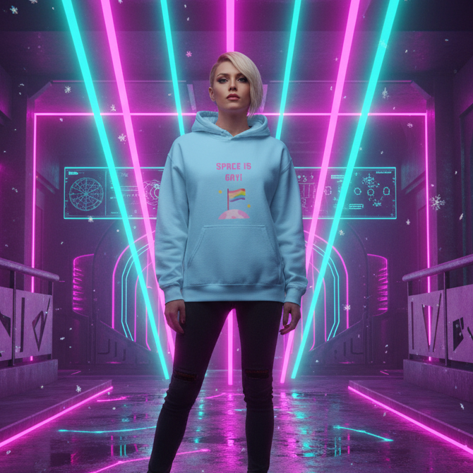 Front-facing model wearing a light blue hoodie reading “SPACE IS GAY!” with a planet and rainbow flag graphic