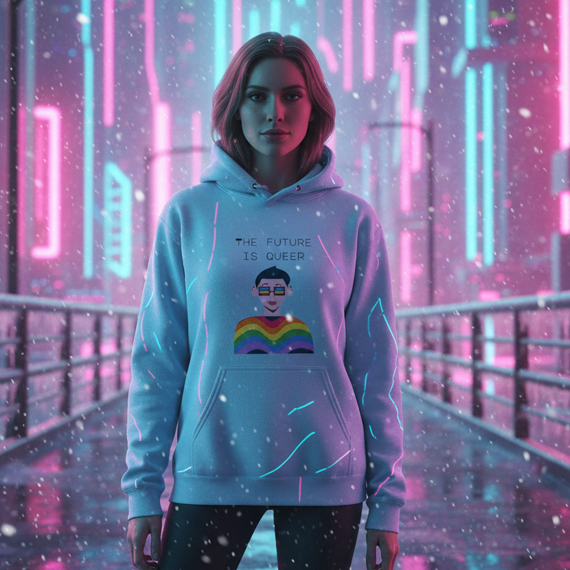 The Future Is Queer Unisex Hoodie features bold text and a rainbow graphic, worn by a person on a neon-lit urban walkway, embodying pride and self-expression in a vibrant, futuristic setting.