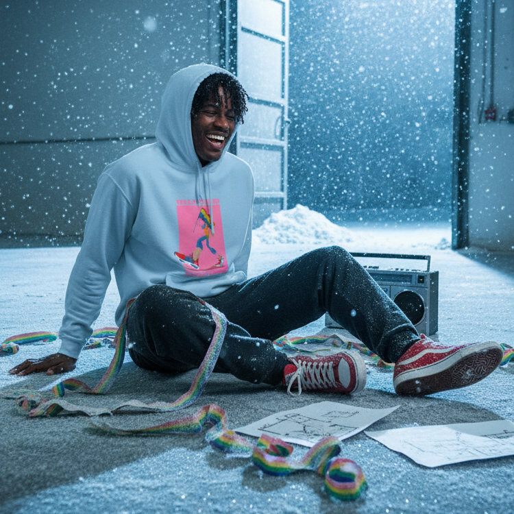 Young man seated indoors wears the Walk Proud Walk Loud Unisex Hoodie, featuring a playful runner graphic. Surrounded by snowflakes and colorful streamers, he embodies joyful, confident queer self-expression and pride.