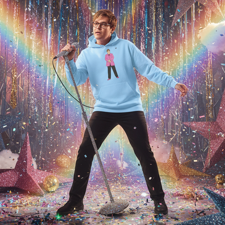 Person on a glittering stage wears the Elton John Unisex Hoodie, soft and cozy with a small graphic, embodying queer pride and joy. They hold a sparkling microphone, radiating empowerment and self-expression.