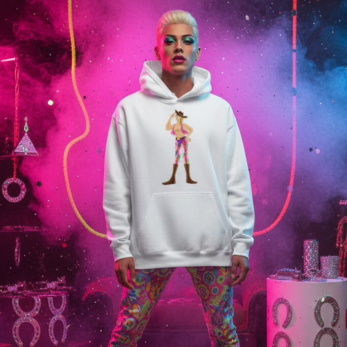 Young person in a Gay Cowboy Unisex Hoodie featuring a cartoon cowboy, styled with rainbow trousers, embodying playful self-expression and LGBTQIA+ pride against a vibrant, neon-lit backdrop.
