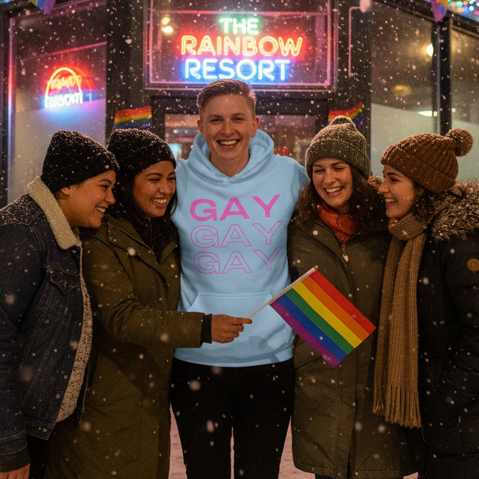 Five friends enjoy a snowy evening at The Rainbow Resort. Central figure wears the Gay Gay Gay Unisex Hoodie, radiating warmth and pride, showcasing Queer In The World’s commitment to self-expression and inclusivity.