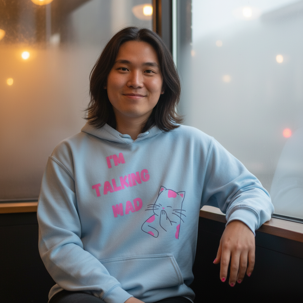 Model seated by a window wearing a light-blue hoodie reading “I'M TALKING MAD” with a cat graphic