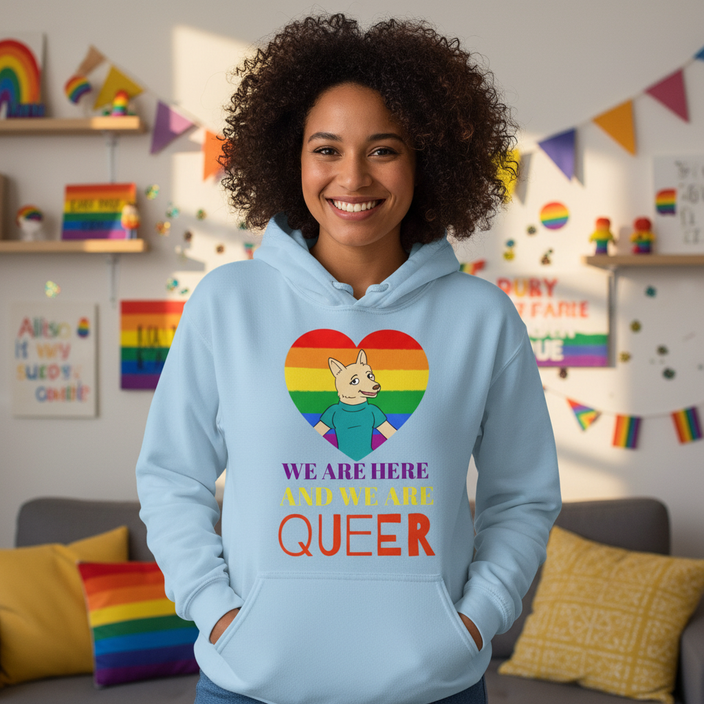 Smiling individual in a light-blue We Are Here and We Are Queer Unisex Hoodie featuring a cartoon dog in a heart, surrounded by vibrant Pride-themed decorations.