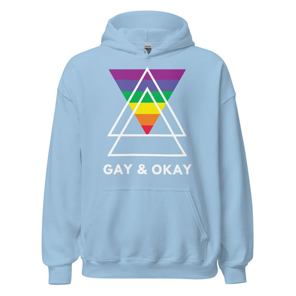 Unisex light blue hoodie with a front pocket, white hood, three rainbow-gradient triangles, and “GAY & OKAY” in bold white.