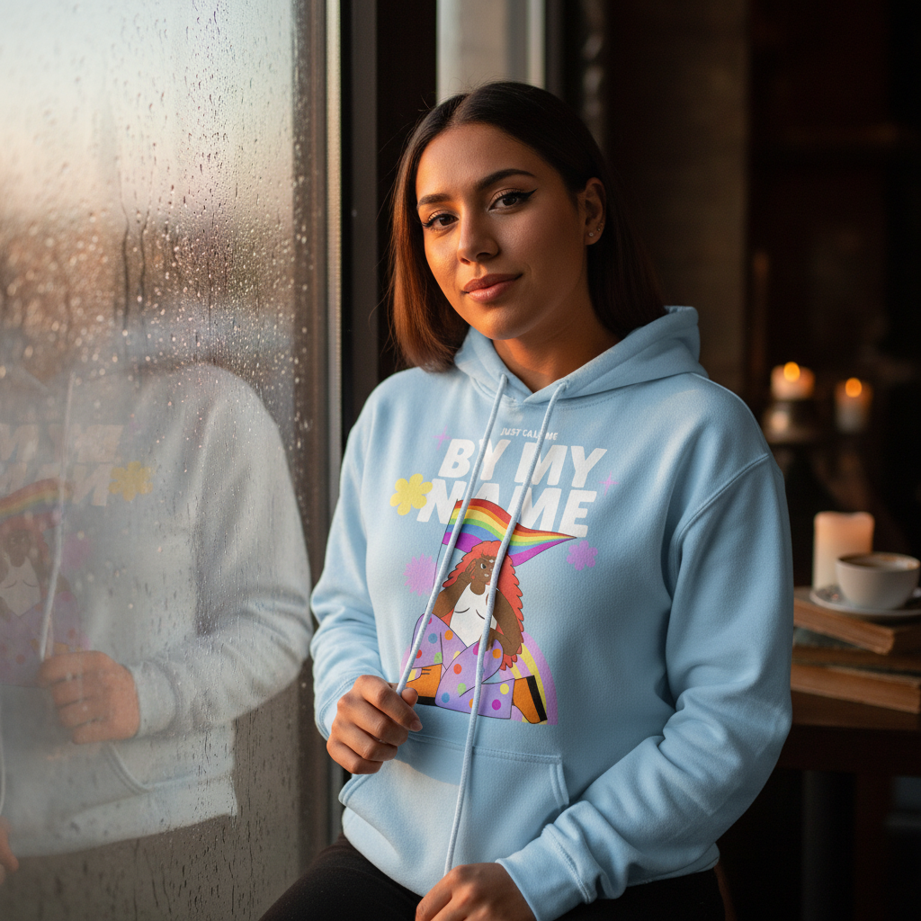 Young woman in a Just Call Me By My Name Unisex Hoodie featuring a vibrant cartoon unicorn under a rainbow, embodying queer pride and self-expression with cozy, stylish confidence.