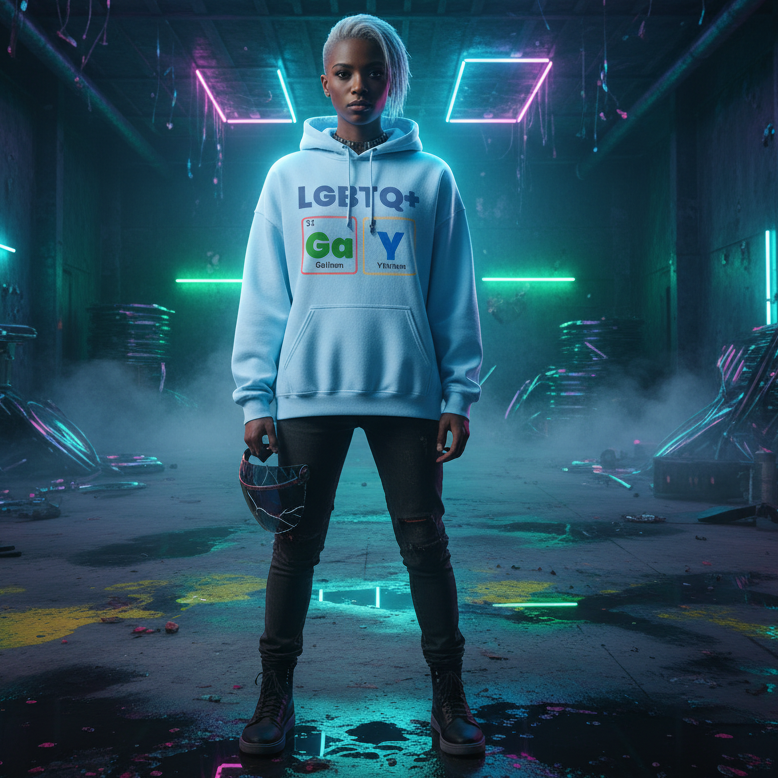 Person wearing LGBTQ+ Gay Unisex Hoodie with periodic-table-style design, standing confidently in a neon-lit space, holding a futuristic half-mask. The hoodie exudes bold, prideful self-expression and queer empowerment.