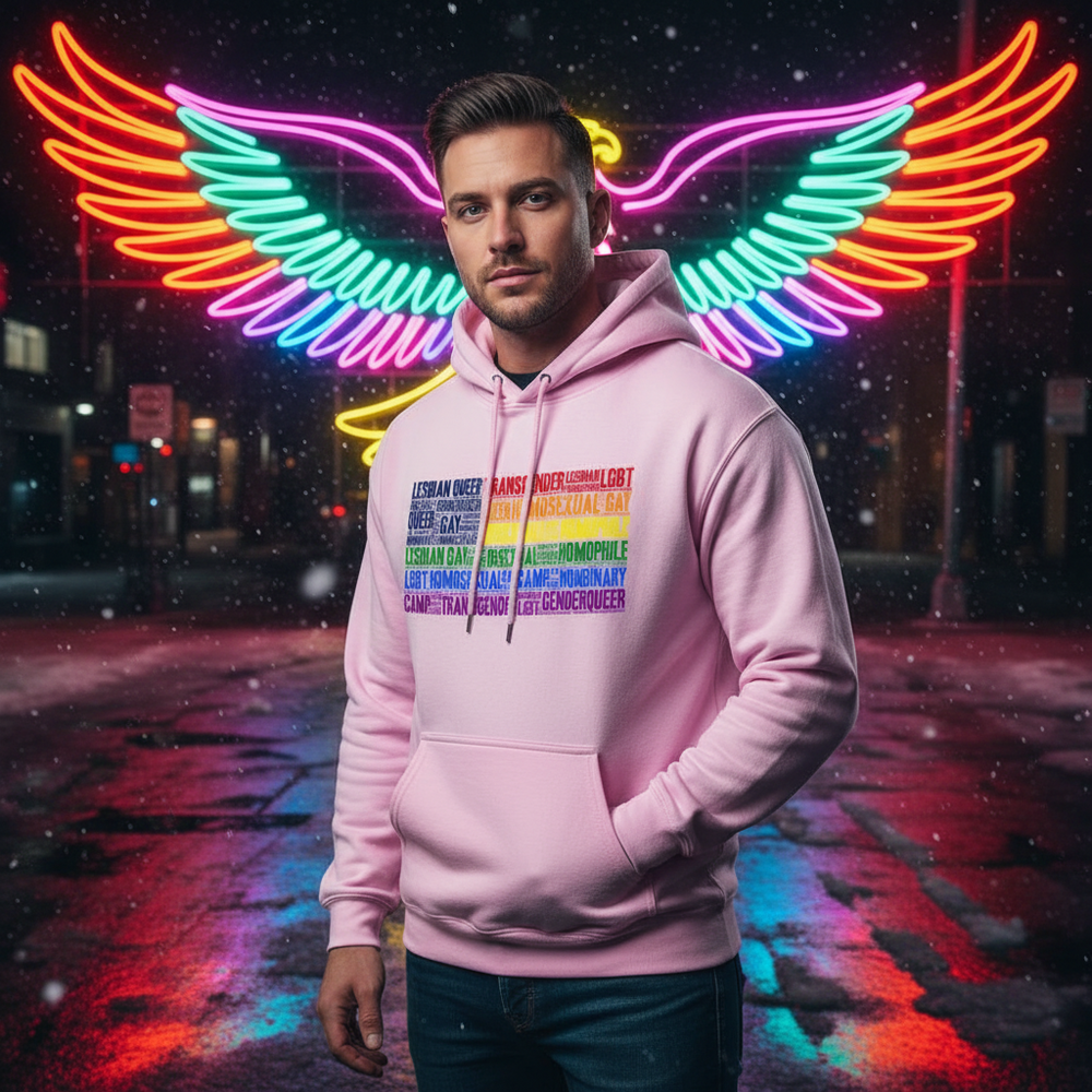 Person wearing Pink hoodie with LGBTQ+ word collage; gay Pride unisex hoodie with “Gay USA” design