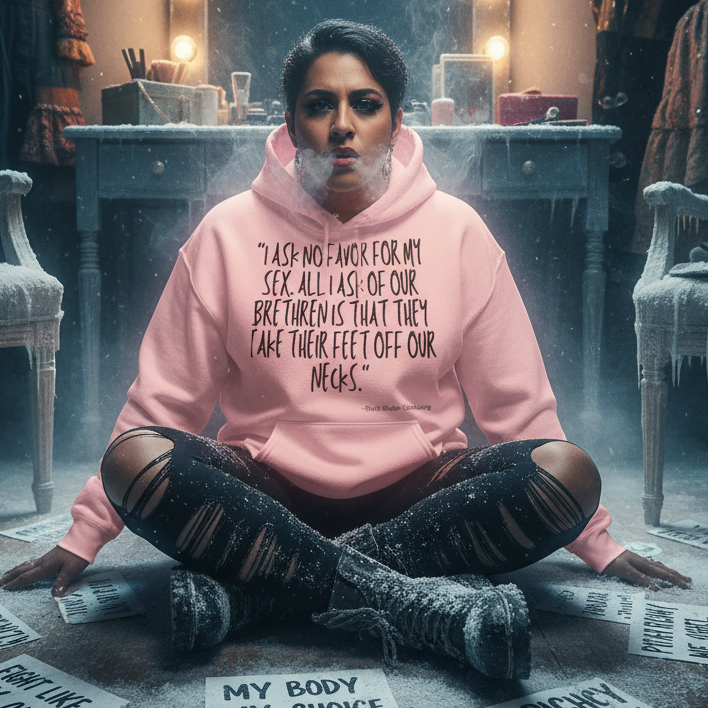 Young woman in a pink I Ask No Favor For My Sex Unisex Hoodie, seated in a theatrical setting with protest signs, embodying empowerment and self-expression through bold, prideful fashion from Queer In The World.