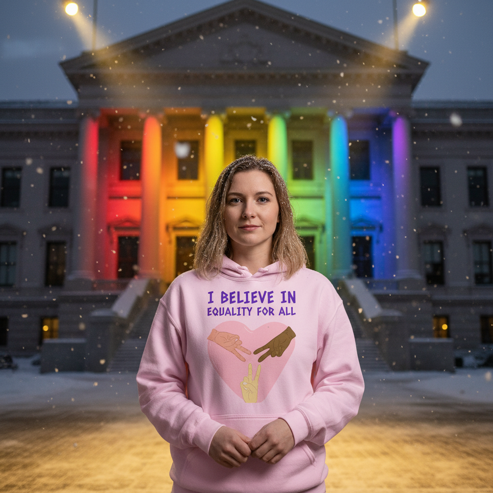 Person wearing a pink hoodie reading “I BELIEVE IN EQUALITY FOR ALL” in falling snow