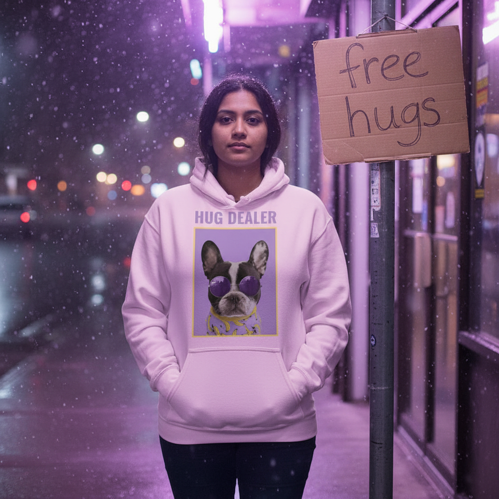 Person wearing a pink “HUG DEALER” hoodie with a dog graphic beside a “free hugs” sign