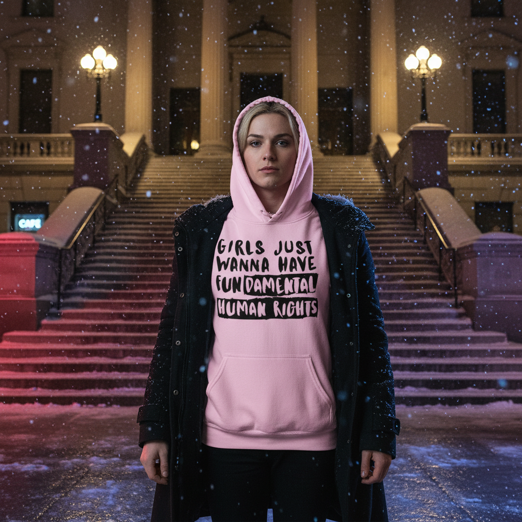 Young woman stands on snowy steps in front of grand building, wearing the Girls Just Wanna Have Fundamental Human Rights Unisex Hoodie—a cozy, empowering piece celebrating pride and self-expression, perfect for all genders.