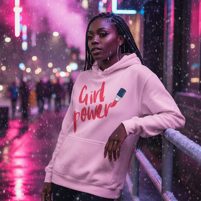 Person wearing a pink “Girl Power” hoodie with a lipstick graphic in a rainy neon-lit street