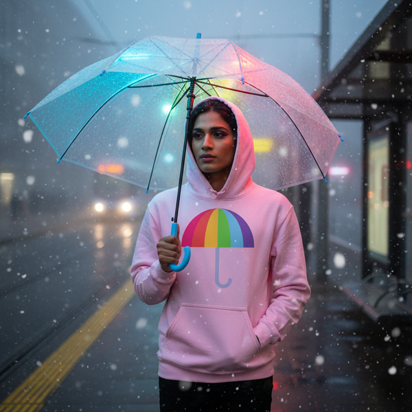 Person in a pink hoodie with a rainbow umbrella graphic, holding a clear umbrella in falling snow