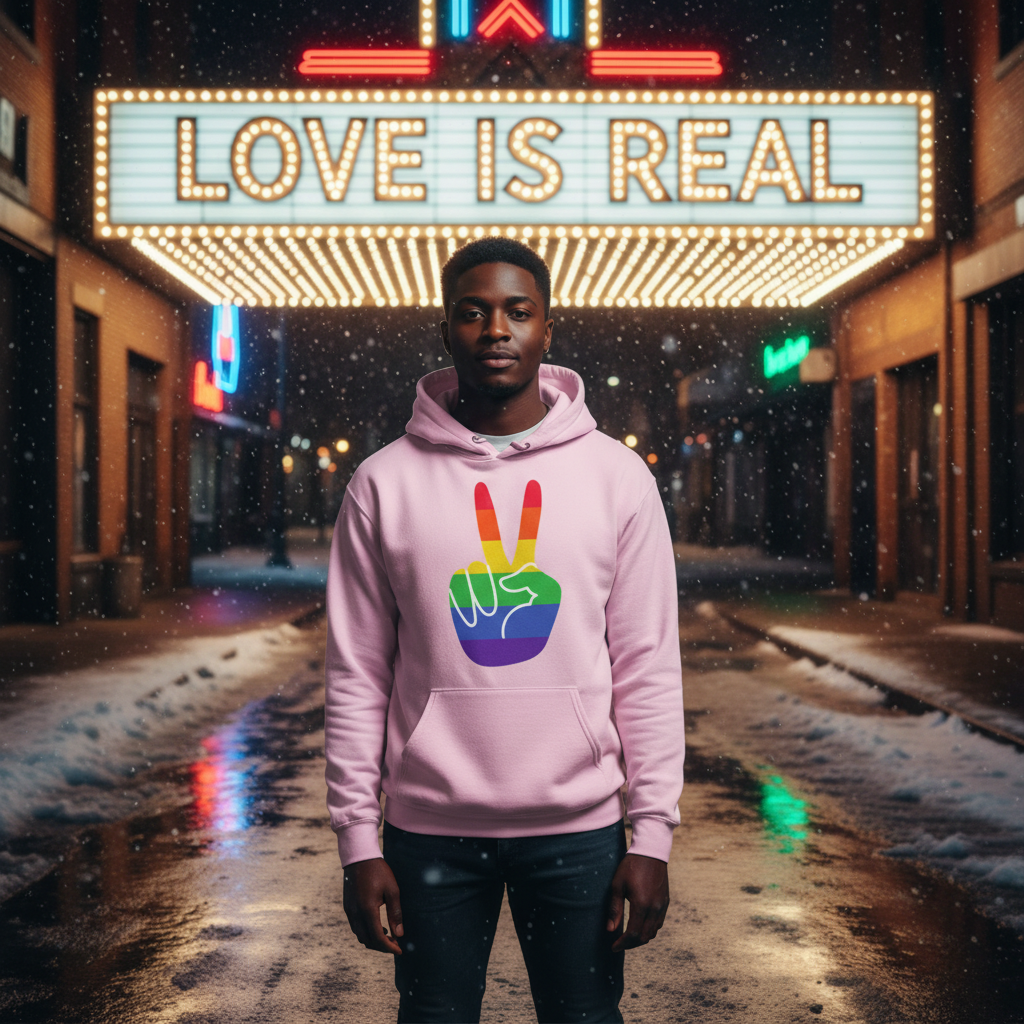 Young Black man in a Gay Pride Unisex Hoodie with a rainbow-striped peace sign stands confidently on a snowy night street. Marquee reads “LOVE IS REAL,” embodying pride and self-expression.