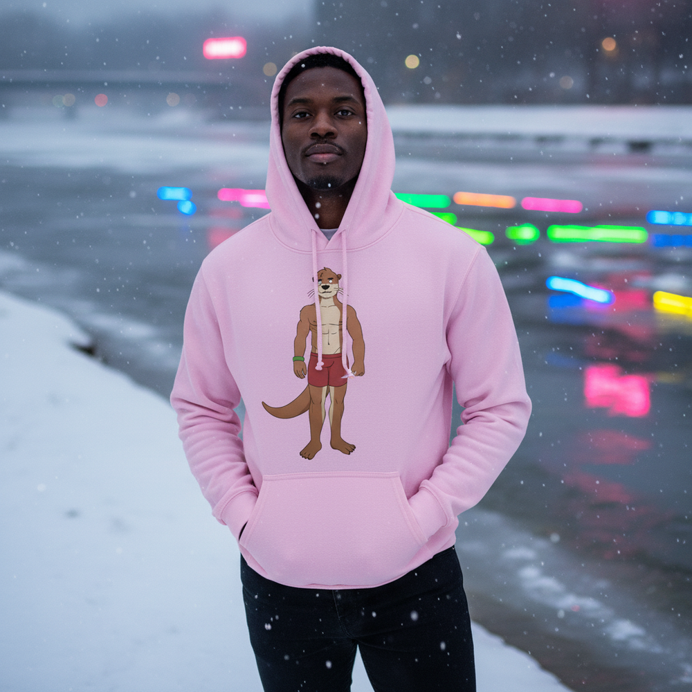 Front-facing person in a pink hoodie with a cartoon otter graphic, standing in falling snow